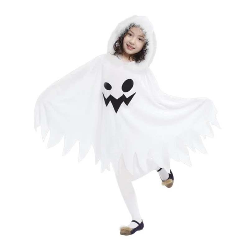 Meisjes Halloween Witte Cape Met Capuchon Grappige Spookprint Cape Halloween Cosplay Kostuum Mantel Feest Cosplay Mantel