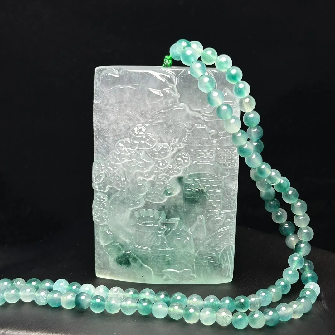 Natural ice white&Green Burmese jade Jadeite Carved landscape Pendant&Necklaces
