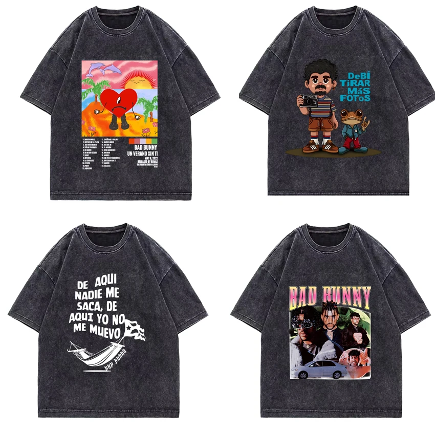 

Bad Bunny Debi Tirar Mas Fotos Dtmf graphic Vintage washed T shirts Men Women loose streetwear short sleeve Cotton Unisex shirt