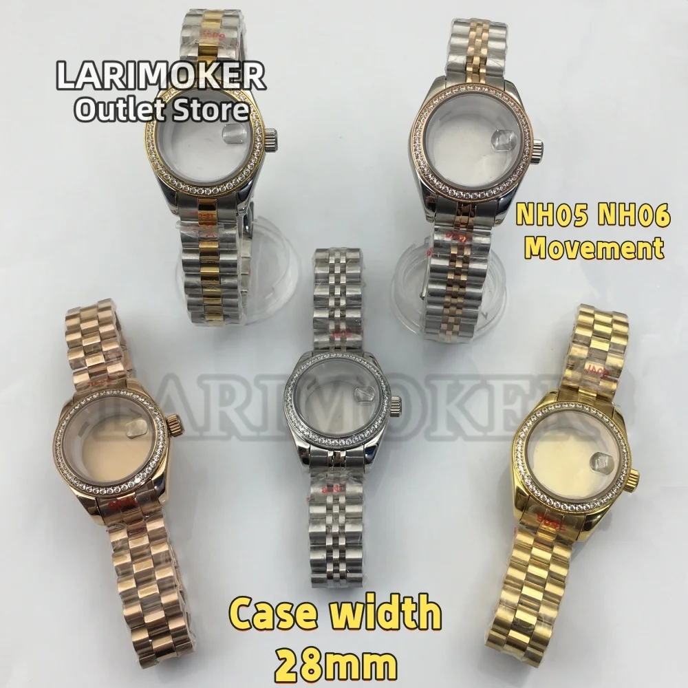 

LARIMOKER 28mm Luxury Diamond Bezel Women Watch Case Sapphire Glass Steel Strap For NH05 NH06 Movement Replacement Parts