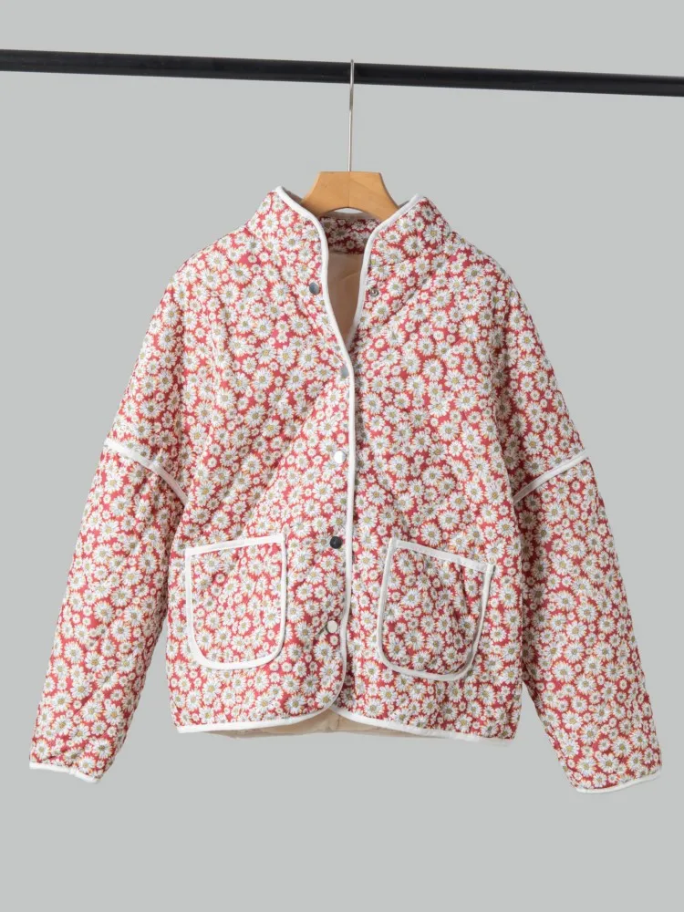 

Хлопковая куртка с цветочным принтом, женская новинка 2025, осень-зима, однобортное стеганое пальто с длинными рукавами и карманами, модные парки, верхняя одежда