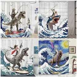 Funny Cat Riding Dinosaur Shower Curtains Ocean Sea Waves Creative Kids Bath Curtain Polyester Fabric Bathroom Decor With Hooks