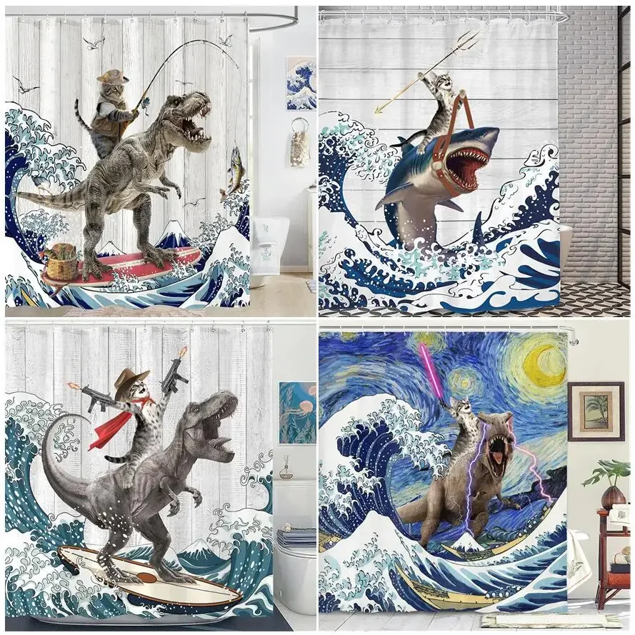 Funny Cat Riding Dinosaur Shower Curtains Ocean Sea Waves Creative Kids Bath Curtain Polyester Fabric Bathroom Decor With Hooks