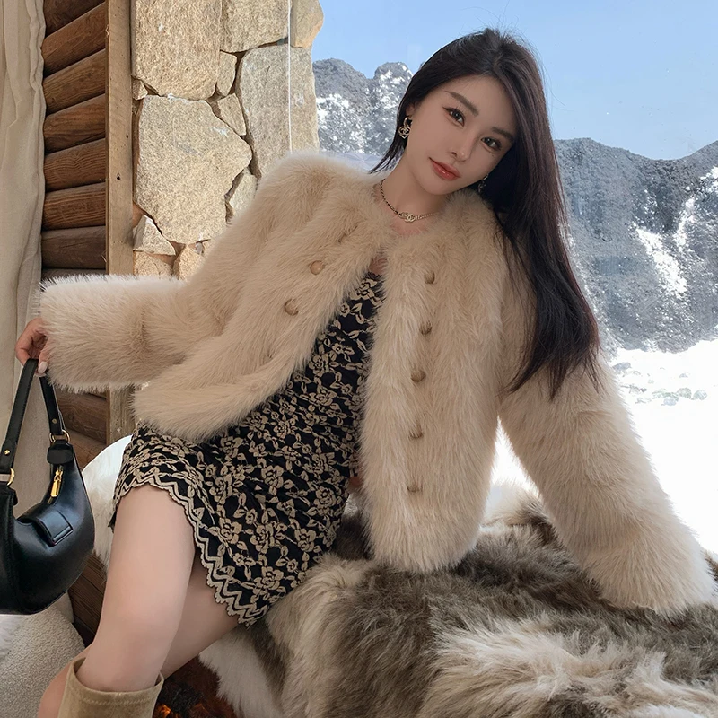 [EWQ] Korean Chic Casual Faux Fox Fur Coat Double Breasted Beautiful Women Long Sleeved Keep Warm Fur Jacket 2024 Winter 16O3743