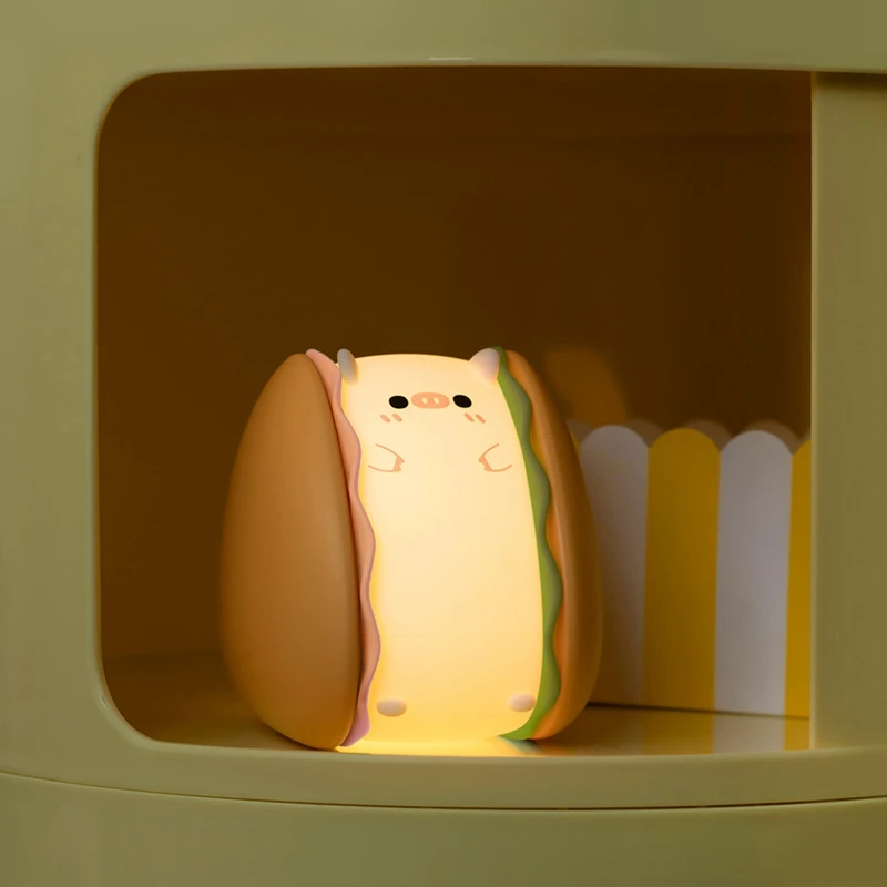 TKOH-Burger Piggy Luz nocturna de silicona, luces nocturnas, LED Squishy Novedad Animal Regalos lindos -3 niveles de brillo, sensor táctil