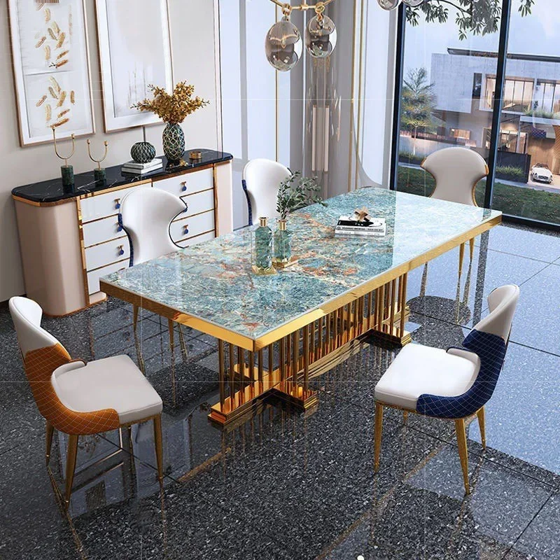 

-Modern Luxury Golden Stainless Steel Dining Table With Marble Top Restaurant Dining Set For Dining Room Furniture And Chairs
