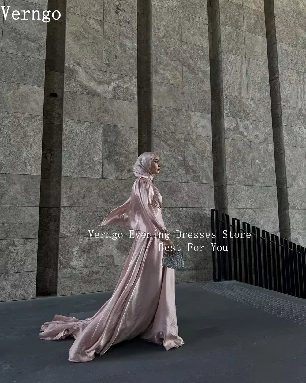 Verngo Pink Evening Dress High Neck Prom Gowns Long Sleeves Muslim Women Elegant Formal Dresses Modest Party Dress Customized