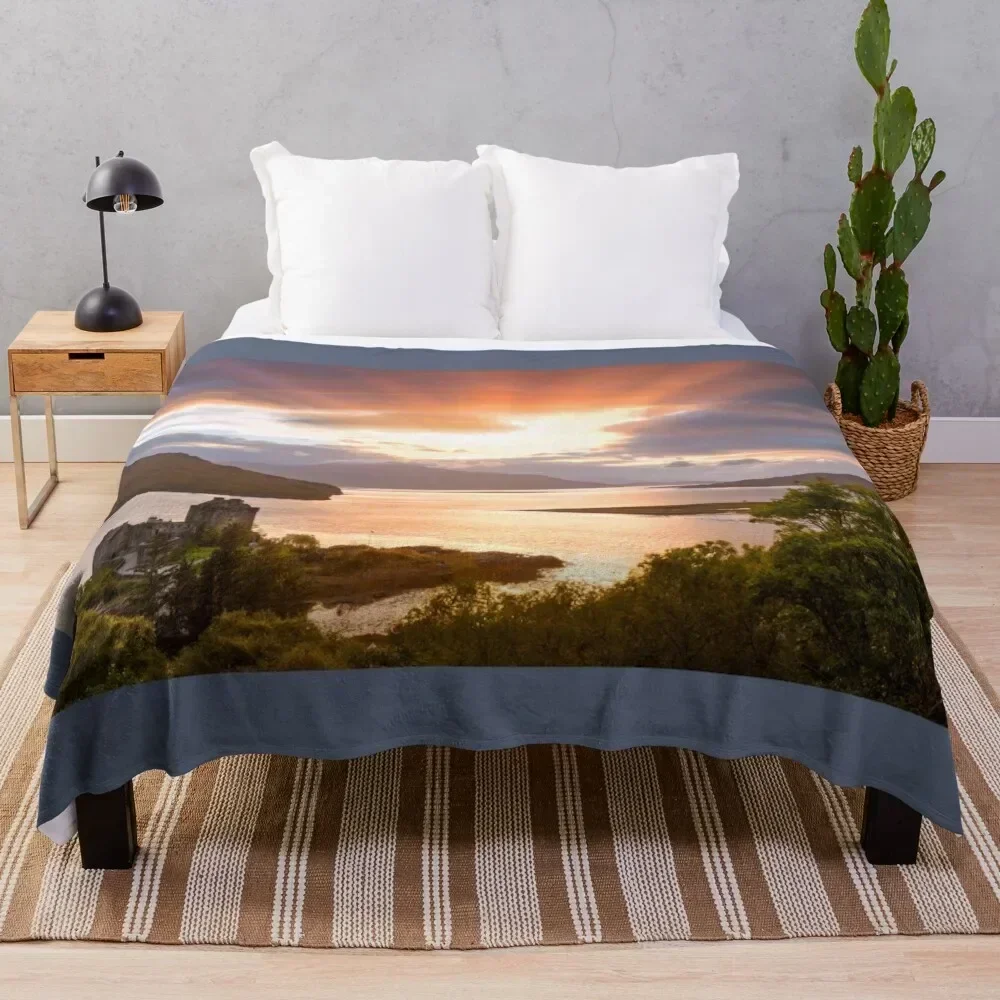 

Eilean Donan Castle Sunset Sunbeams Carr Brae Scotland. Throw Blanket Wrinkle Resistant Lightweight Blanket