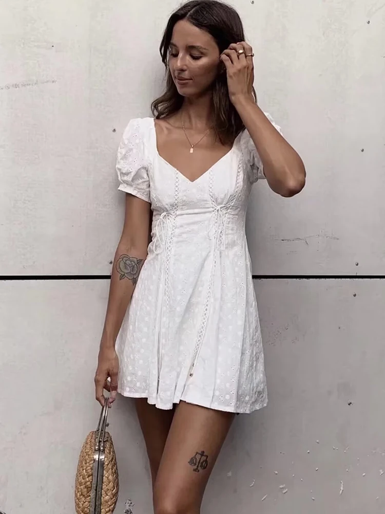 GypsyLady Elegant French Chic Mini Dresss White Cotton Lace Up Hollow Out Embroidery Women Ladies Vocation Dresses Vestidos New