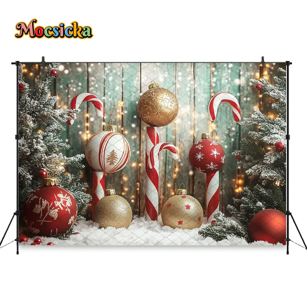 Mocsicka الأحمر عيد الميلاد قصب الحلوى خلفية التصوير الفوتوغرافي شجرة عيد الميلاد الهدايا جدار خشبي خلفية الشتاء الاطفال عيد ميلاد استوديو الصور