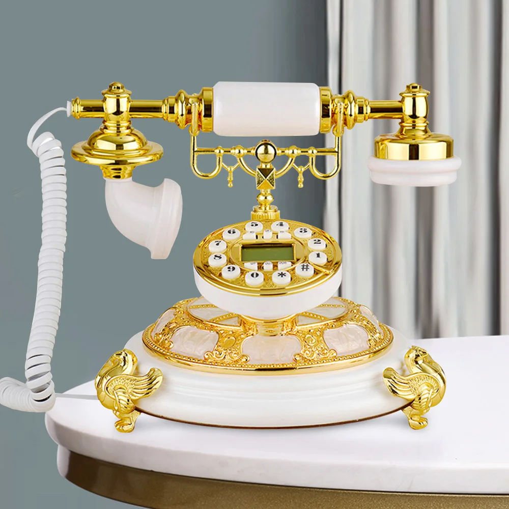 Retro White Gold Cordless Phone With Rotary Dialing, Hands-Free Calling And Built-In Calendar - Battery Powered