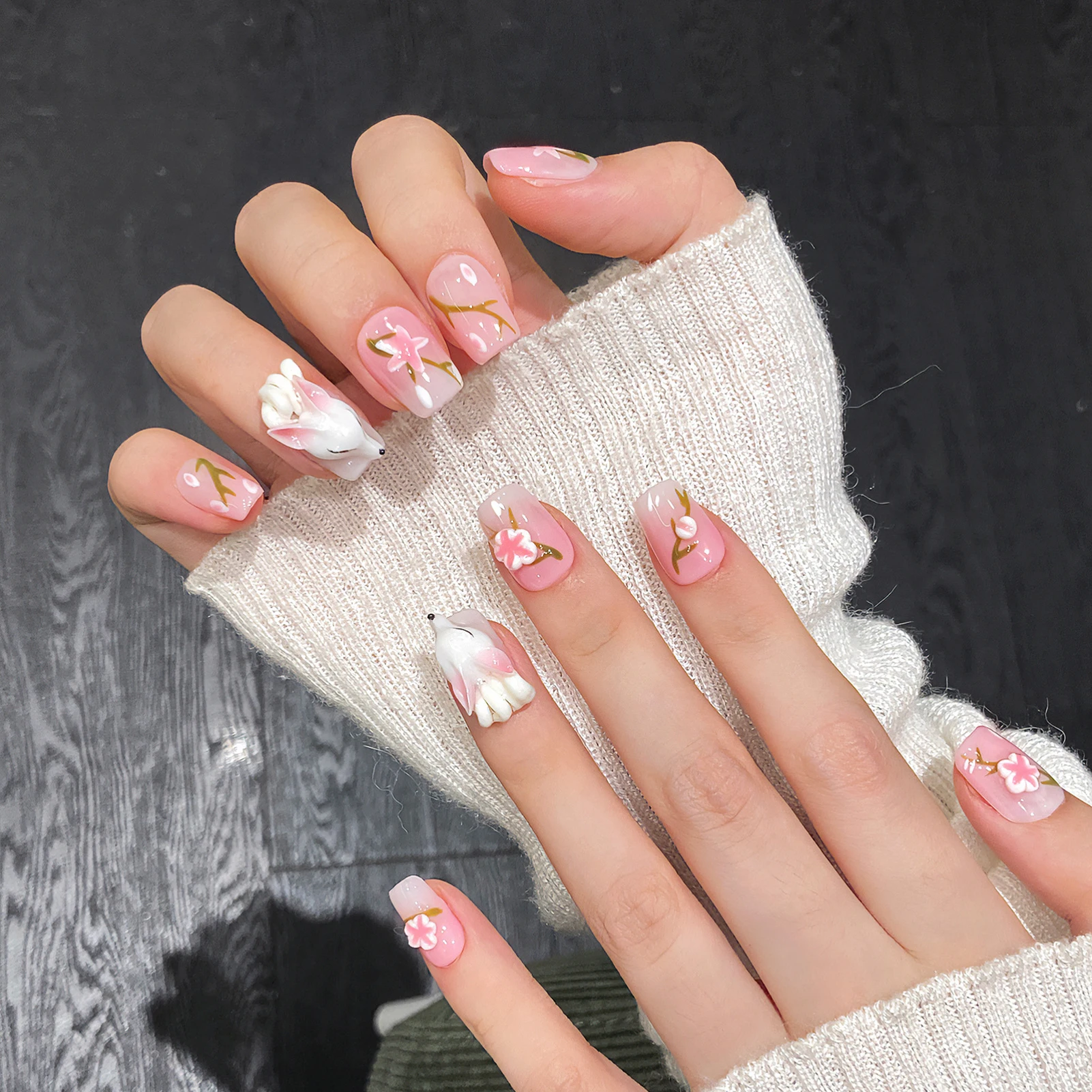 10 шт. стерео милые лисы ручной работы накладные ногти градиент розовый короткая лестница в китайском стиле накладные ногти каваи цветочный декор пресс на ногти