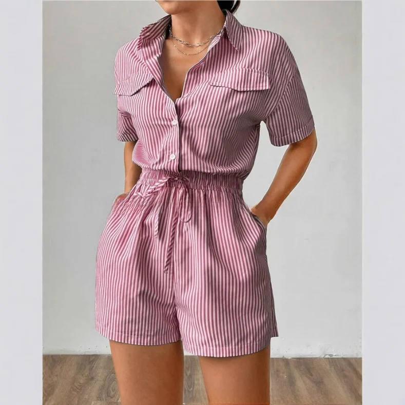 

2025 New Simple Stripe Button Front Casual ort Sve Dstring Waist Long Pants Women's Onesie/Pajamas Autumn Faion