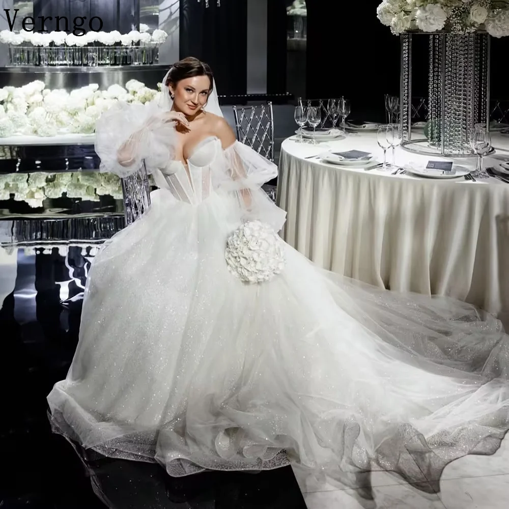 

Verngo Shiny Tulle Simples Wedding Dress Sweetheart Full Sleevs A Line Bridal Gowns Elgenat Sweap Train Bride Dress Customized
