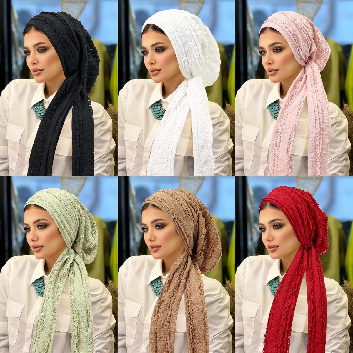 Women Long Tie Headscarf All Seasons Hat Ruffle Turban Elegant Wrap Headwear Underscarf Islamic Crinkle Pleated Unicolor Hijabs