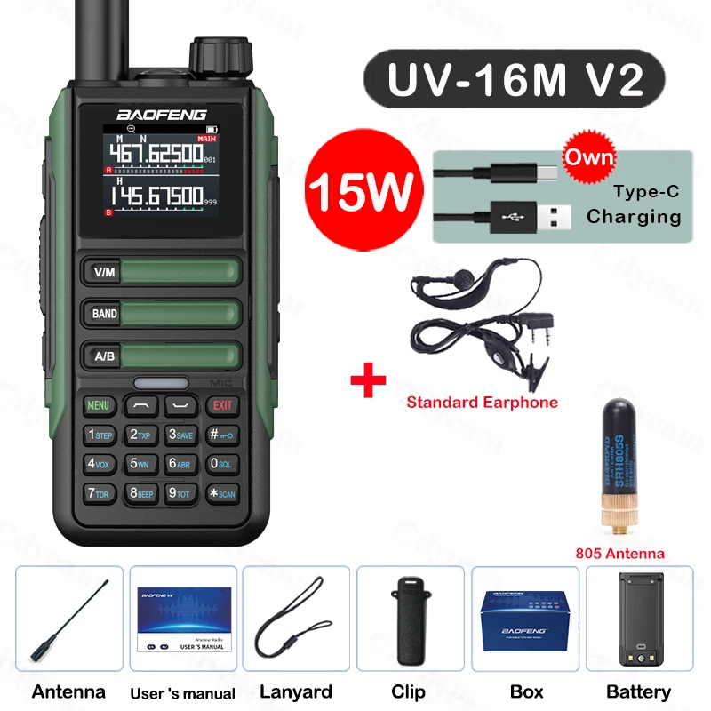 Upgrade Baofeng UV16M V2 Walkie Talkie 15W Hoge capaciteit AM FM 2-weg radio Volledige band LCD 999CH Frequentie Kopie NOAA Ruisonderdrukking