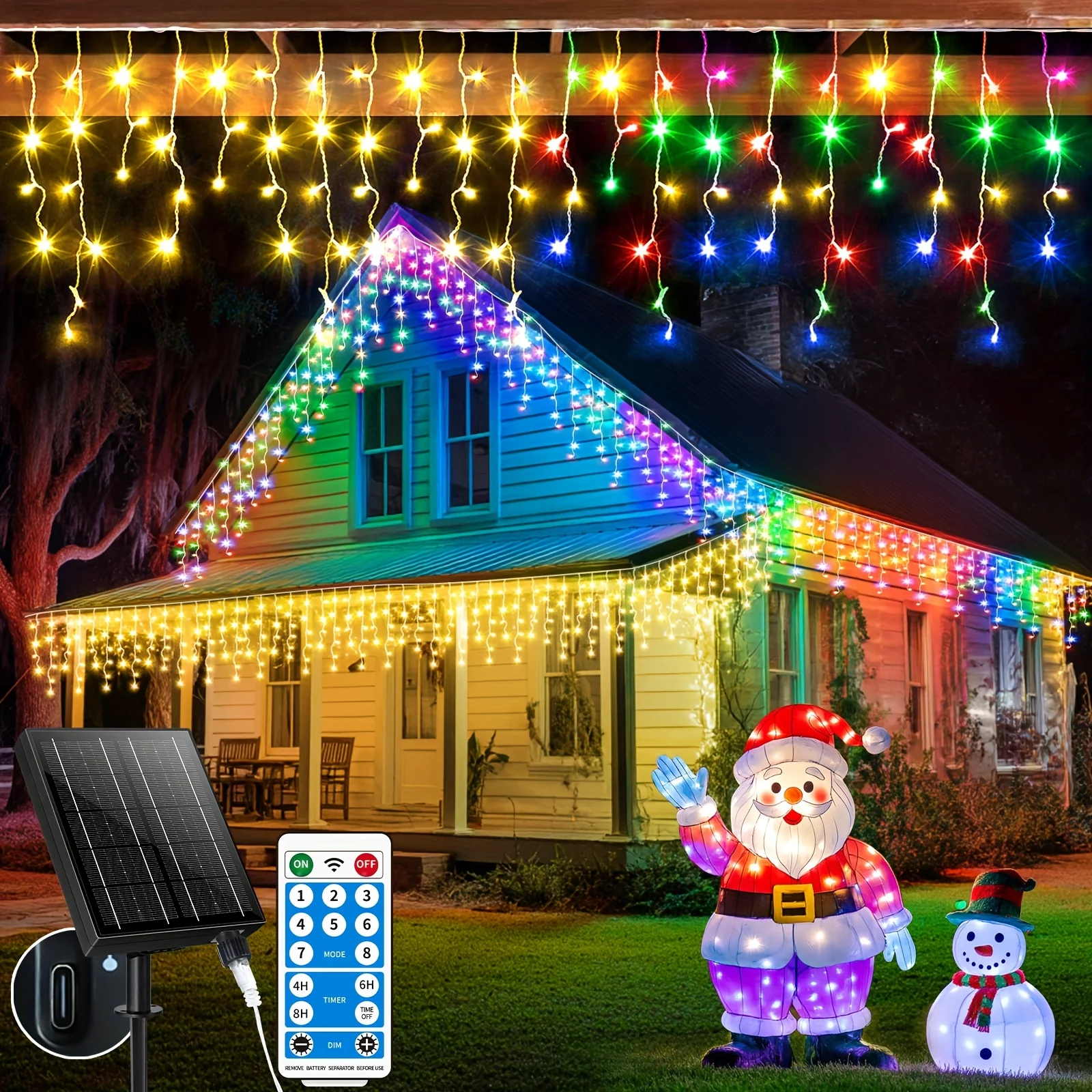 Solar-Powered Outdoor Icicle Lights – 18m + 5m (75.9ft) Multicolor & Two-Tone LED String Lights for Eaves, Gardens, Parties & Holiday Decor • 8 Light Modes • Remote Control • Timer Function • Weather-Resistant Design • Connectable Ends • Durable PVC Cable