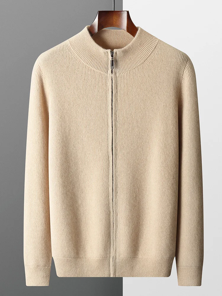 Smart Casual 100% Merino Wool Men Sweater Mock Collar Thick Cardigan Autumn Winter New Cashmere Knitted Coats Long Sleeve Tops