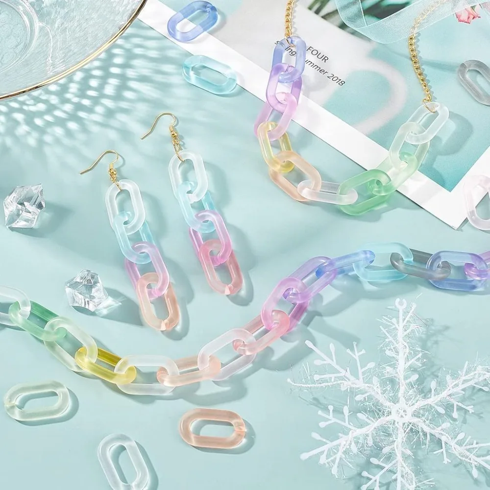 220pcs Frosted Acrylic Linking Ring 11 Colors Oval Curb Chain Connectors 1 Inch Quick Link Connectors C-Clip Hooks for Necklace