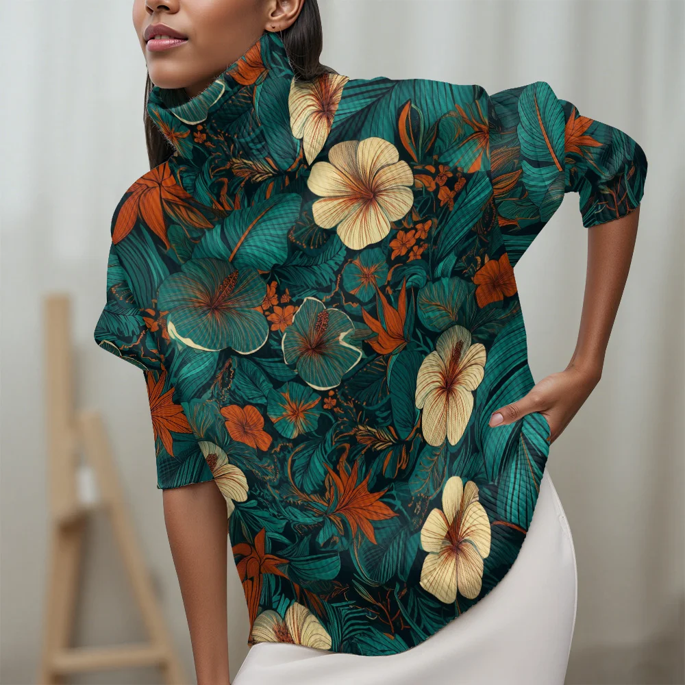 

2025 New Women's Flower leaf pattern Turtleneck sweater Tropical floral patterns casual women's sweater