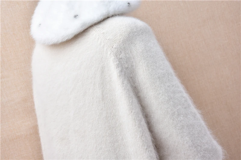 Donna Donna Primavera Autunno Abbigliamento Beige Peloso Angora Capelli di coniglio Lavorato a maglia Maniche lunghe Scollo a V Cardigan allentato Giacca maglione