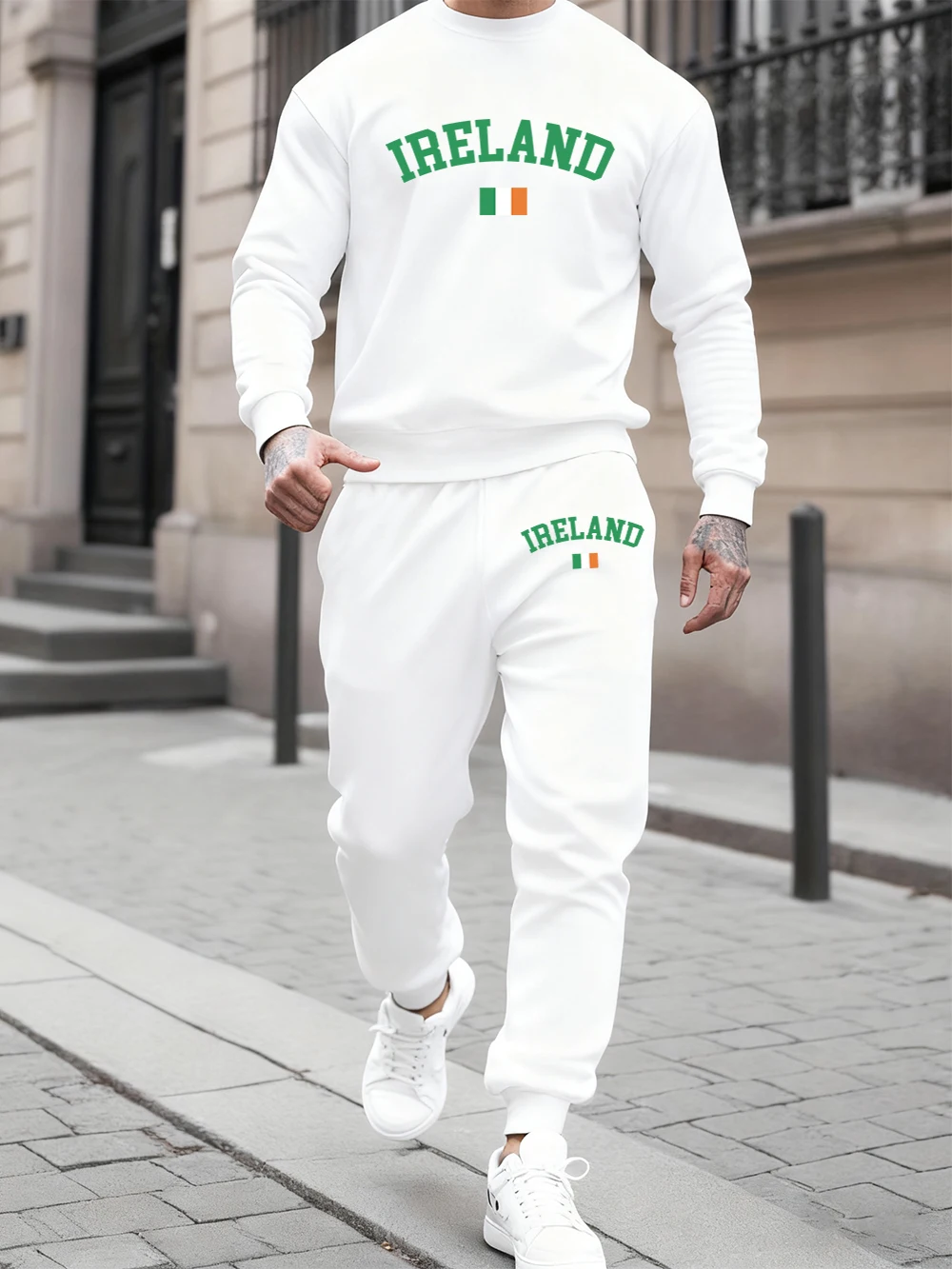 

2 Pcs Hoodies Set Men'S Ireland Text With Flag Printing Sweatpants Sporty Crewneck Loose Sweatshirt Pants Autumn Fleece Clothes