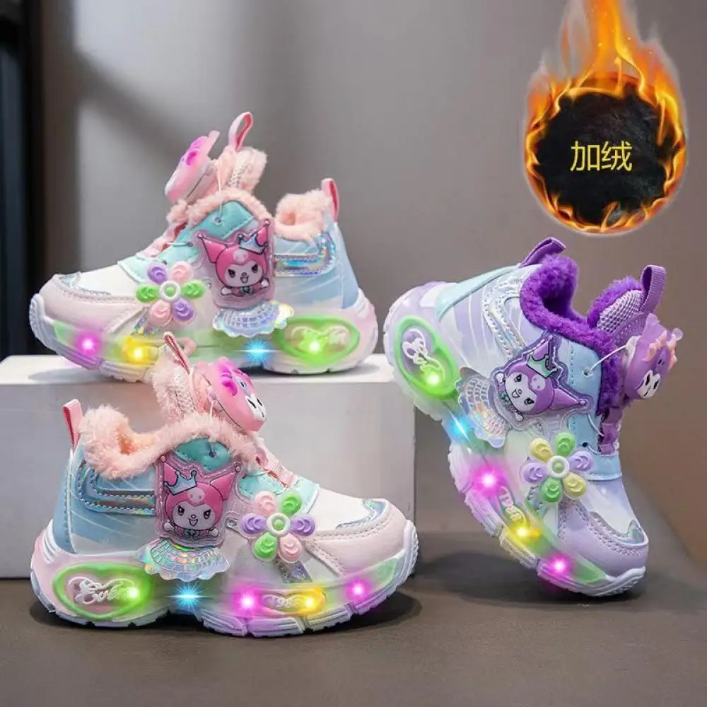 Sanrio Kuromi Girls Sneakers New Style Led Light Walking Shoes Kawaii Comfortable Child Outdoor Sport Casual Shoes Cotton Boots