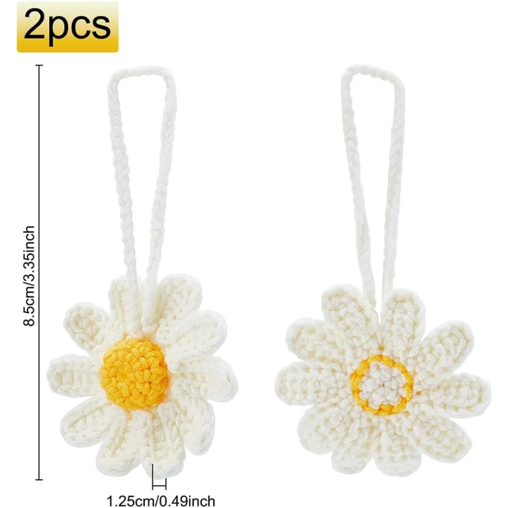 2pcs Crochet Daisy Car Pendant Handmade Crochet Wool Daisy Decoration with Lanyard Crochet Knitting Flower Car Mirror Hanging