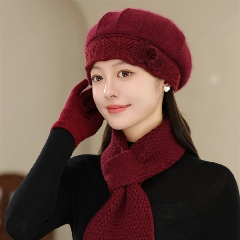 الشتاء أمي قبعة وشاح المرأة المألوف الأرنب الفراء قبعات منسوجة الطقس البارد قبعة تدفئة عادية في الهواء الطلق محبوك قبعة #4