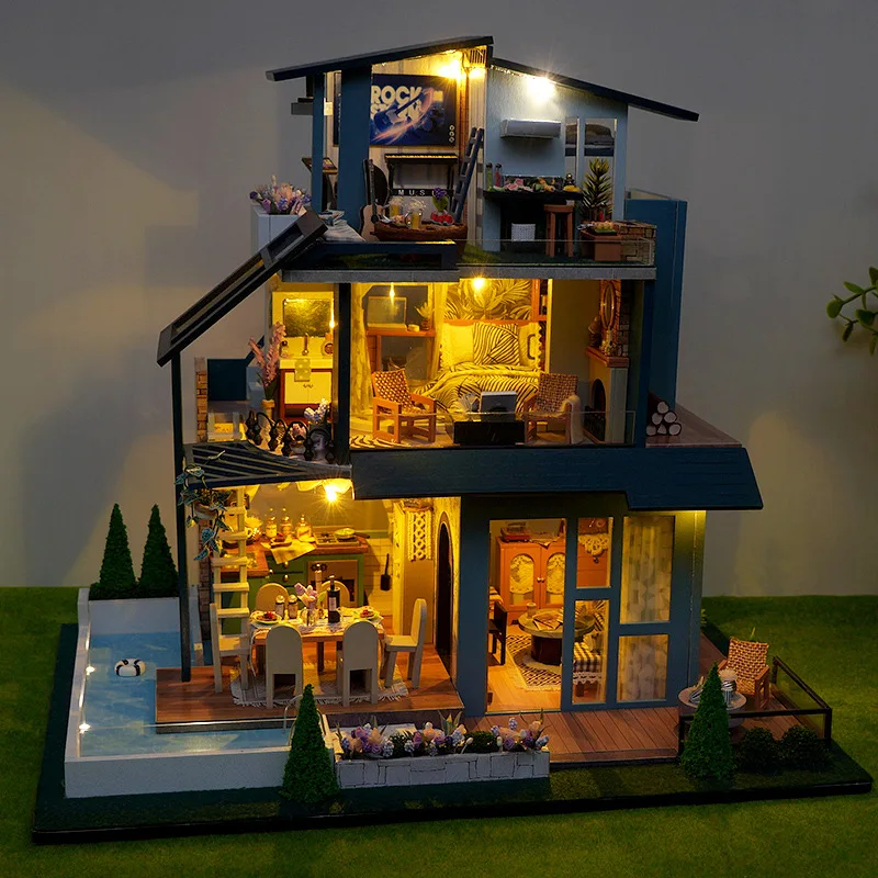 NUOVO fai da te in legno Sunshine Forest grandi case delle bambole Casa kit modello in miniatura casa delle bambole con mobili per amici regali di compleanno
