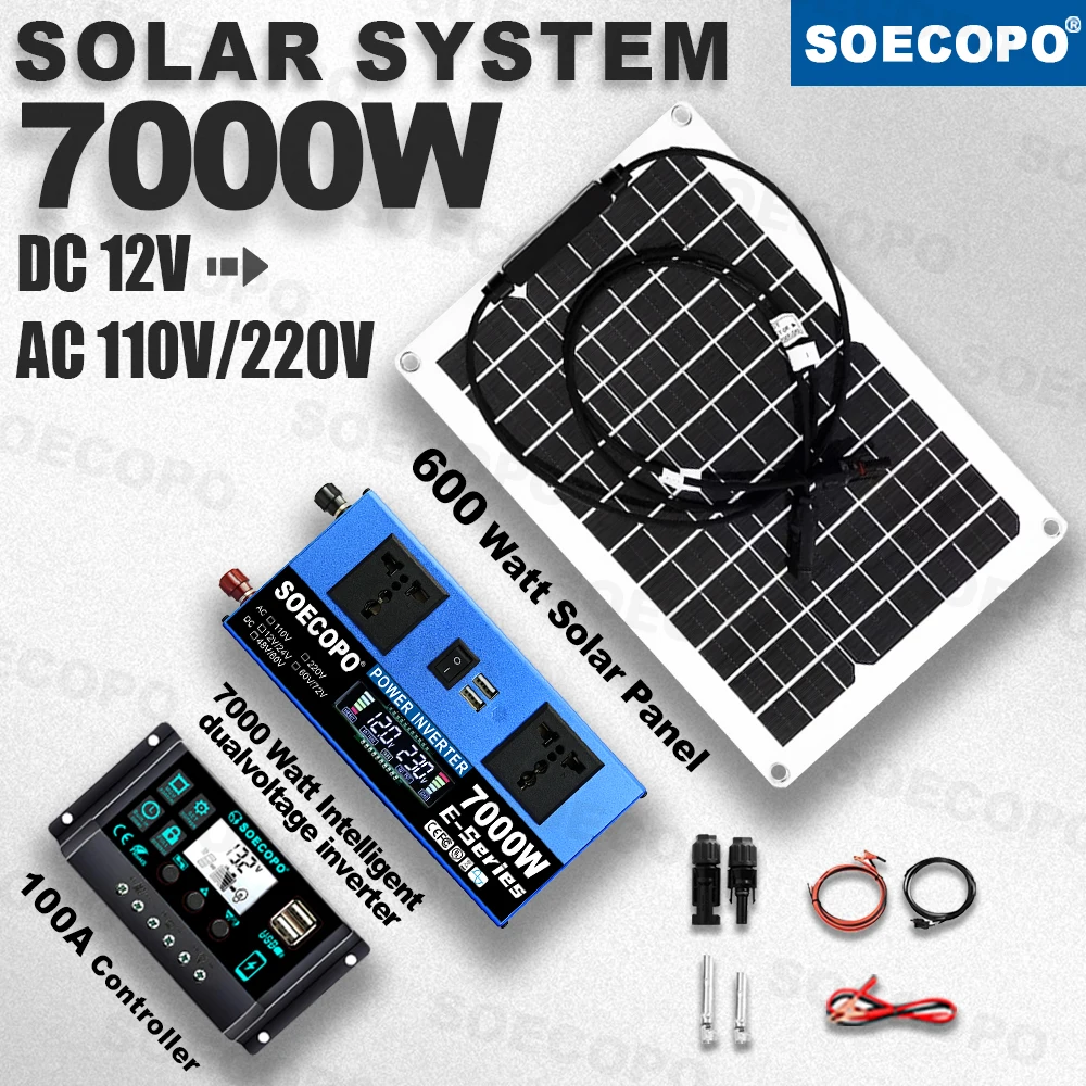 

SOECOPO 7000W Peak Solar System Kit 600W Panel 100A Controller 12V 24V To 110V/220V Inverter Camping Off-Grid Emergency Backup