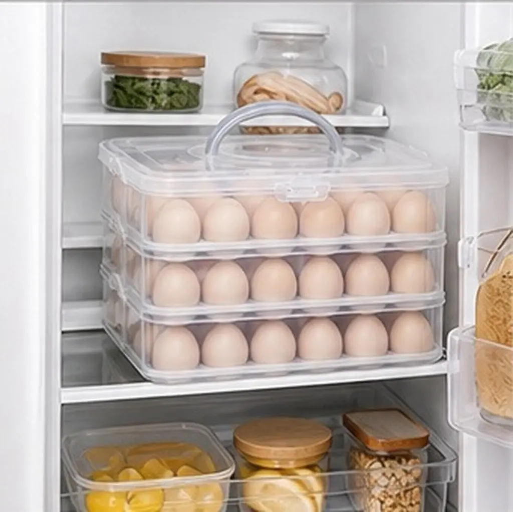 Portable Double-Layer Egg Container with Clear Lid Handle Secure Locking Rings Stackable Egg Tray for Fridge Kitchen Holidays