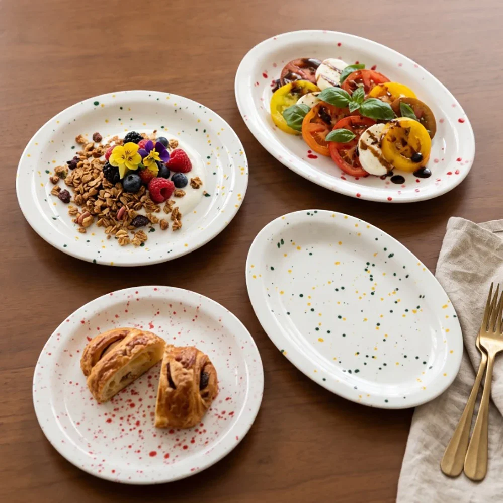 Household Splash Ink Ceramic Plate Korean Style Ins Flat Under Glazed Porcelain Tableware Fruit Salad Bread Cake Plates