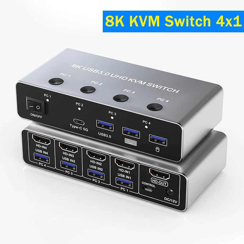 

8K HDMI KVM Switch 4x1 Ultra HD 4K@120Hz USB 3.0 KVM Switcher with 3 USB and 1 USB-C Ports for 4 PC Share Monitor Keyboard Mouse