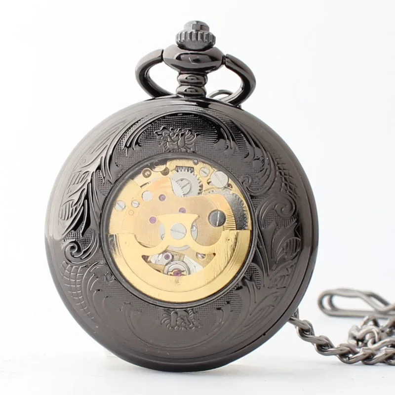 Relojes de bolsillo de moda, reloj mecánico automático, esqueleto Steampunk, cadena Fob, negro