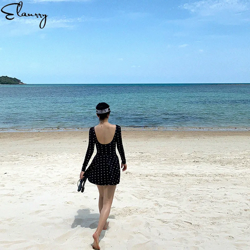 2022 Newest Sexy One piece Swimsuit Long Sleeves Swimwear Women Padded Swim Skirt Bodysuit Female Beach Bathing Suit Summer