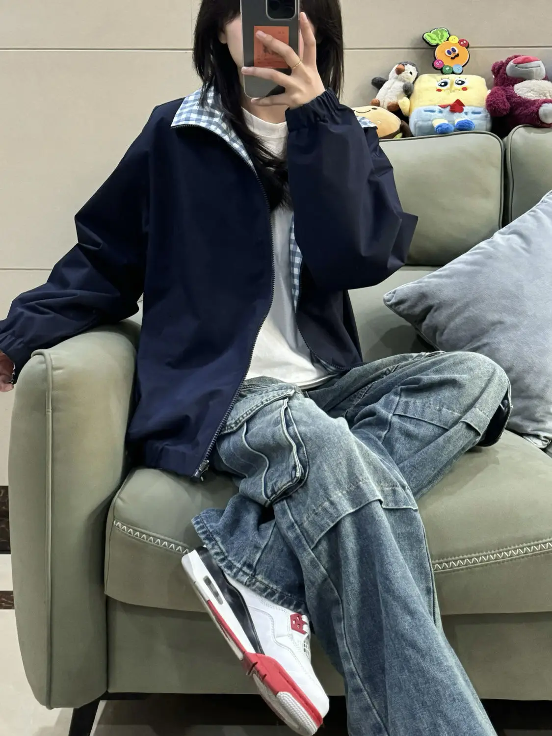 

Women'S Short Oversize Jackets Quality Racer Navy Racing Patches Clothes Distressed Embroidery Denim Premium Season Big Size