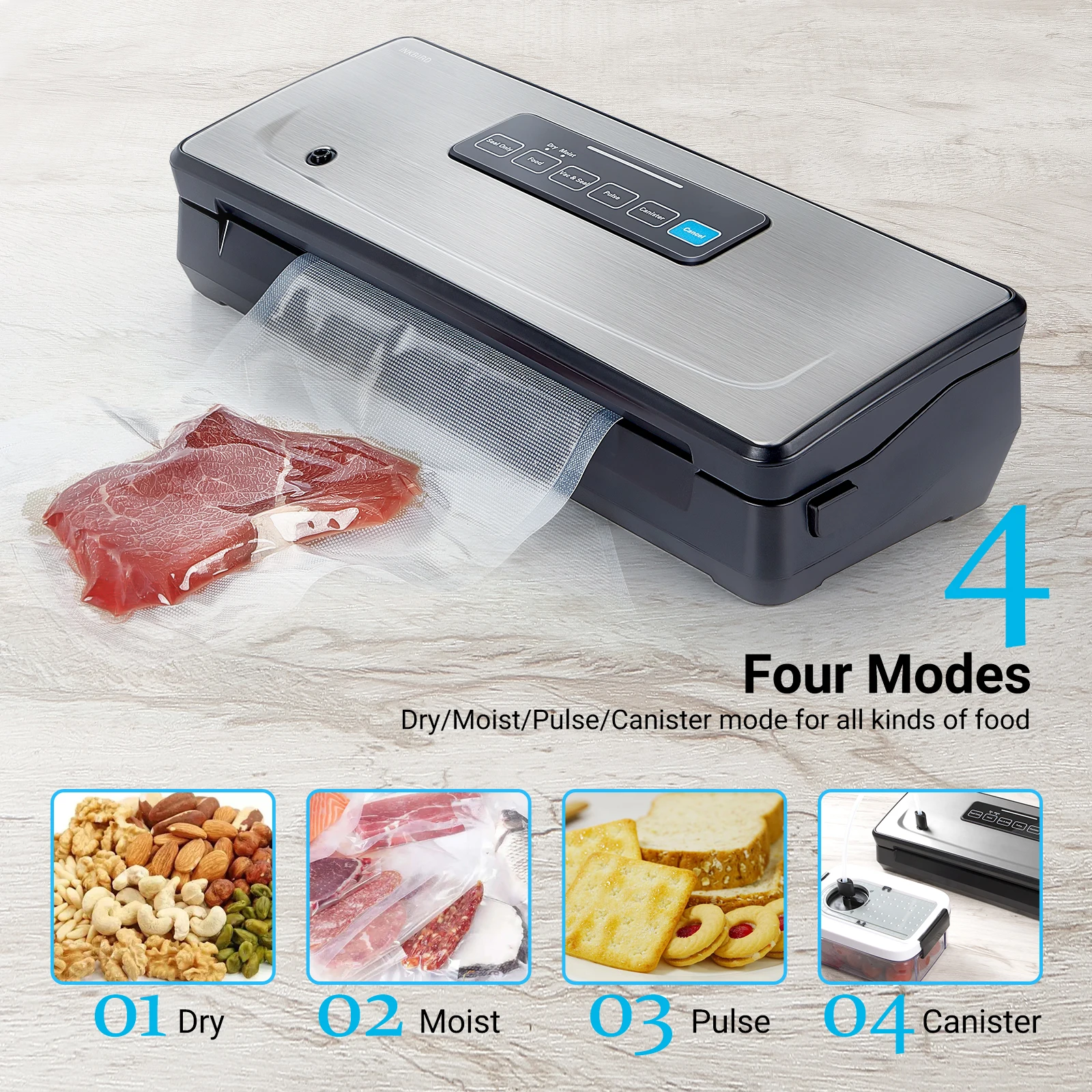 INKBIRDPLUS INK-VS02 -85 Kpa Vacuum Sealer Machine with Seal Bags and Starter Kit Four Sealing Modes Longer Food Preservation