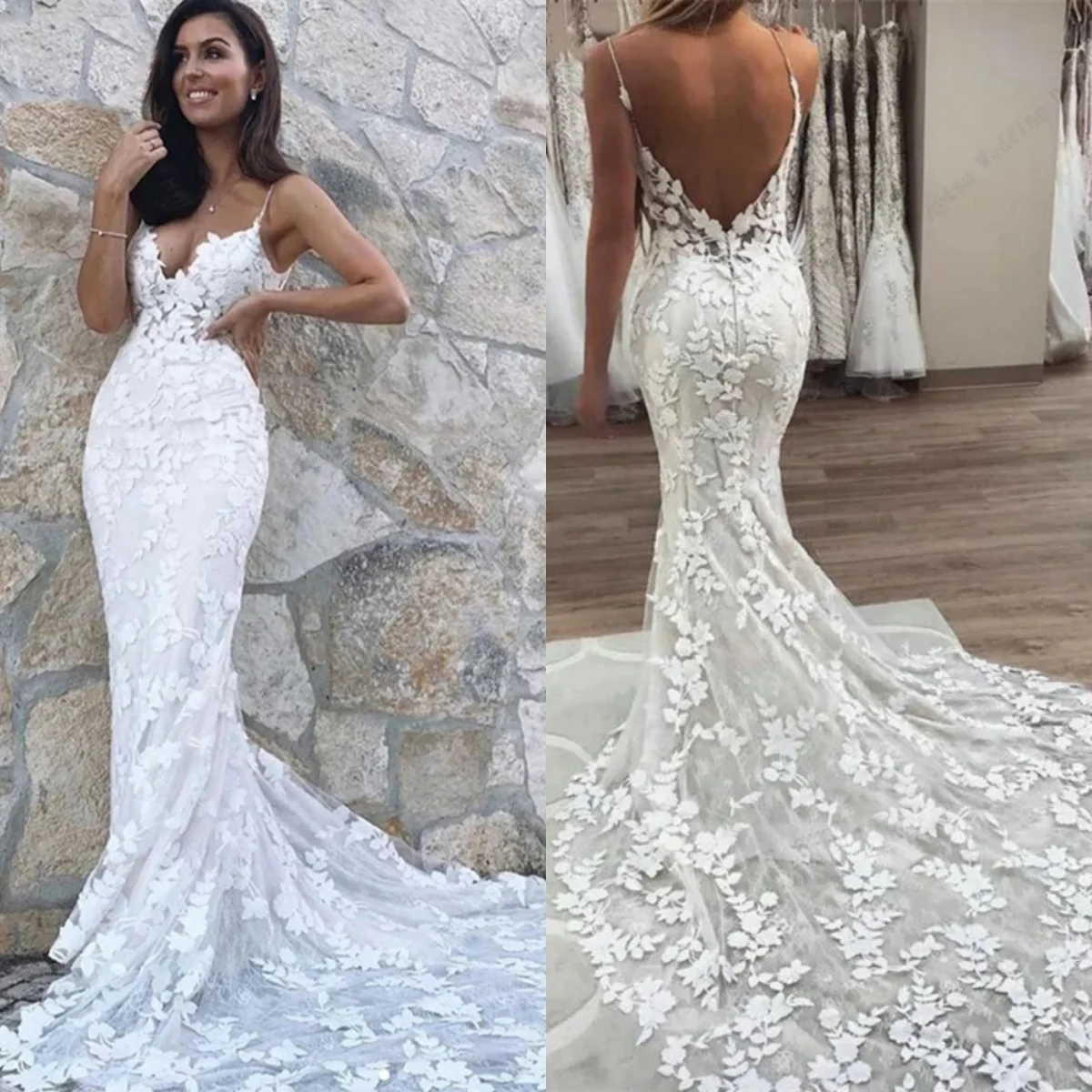 

Sexy Mermaid Wedding Dress Appliques Spaghetti Strap Bride Gowns Sweep Train Lace Bridal Dresses Custom Made Vestido De Novia