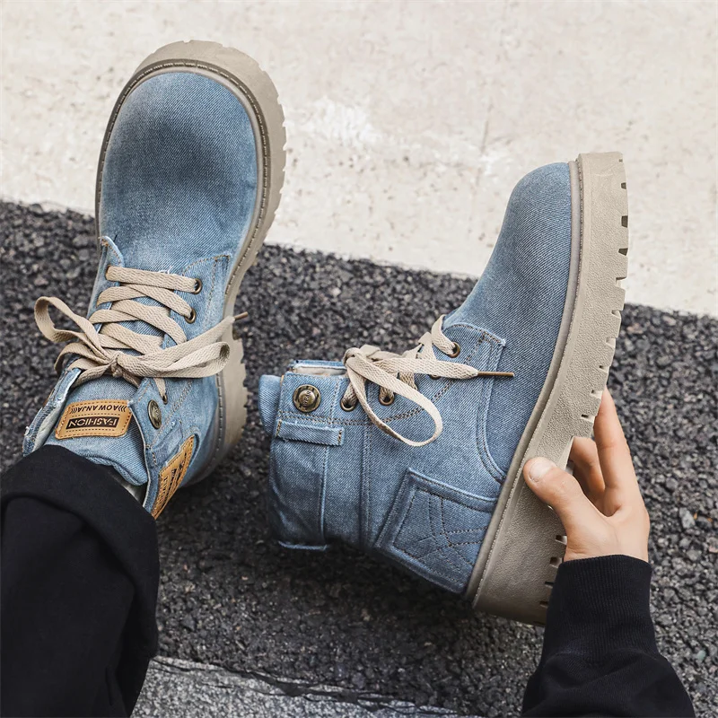 2024 Retro Zwarte Mannen Denim Laarzen Comfortabele Antislip Werkschoenen Man Platform Casual Enkellaarsjes Voor Mannen botas para hombre