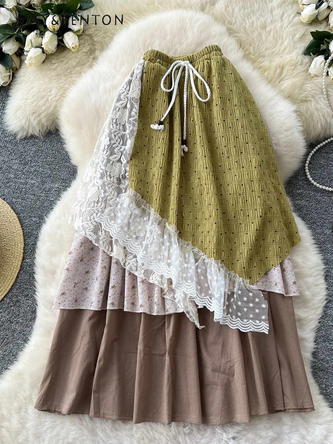 

Новая летняя женская юбка А-силуэта с высокой талией, свободного кроя, с цветочным кружевом и вставками в лесном стиле