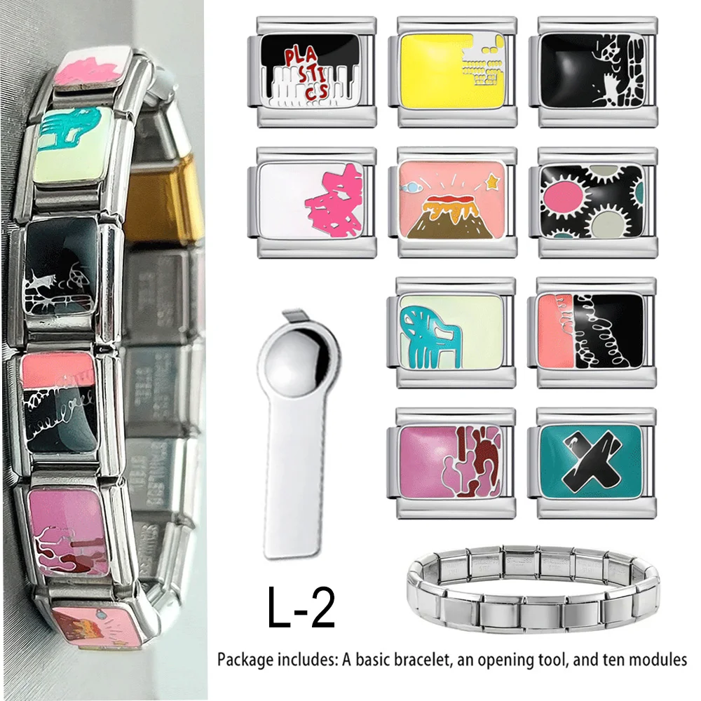 

12pcs Fashion Y2K Colorful Glaze Charm Link Set 9mm Italian Bracelet Design Original Graphic Stainless Steel Jewelry DIY Pack