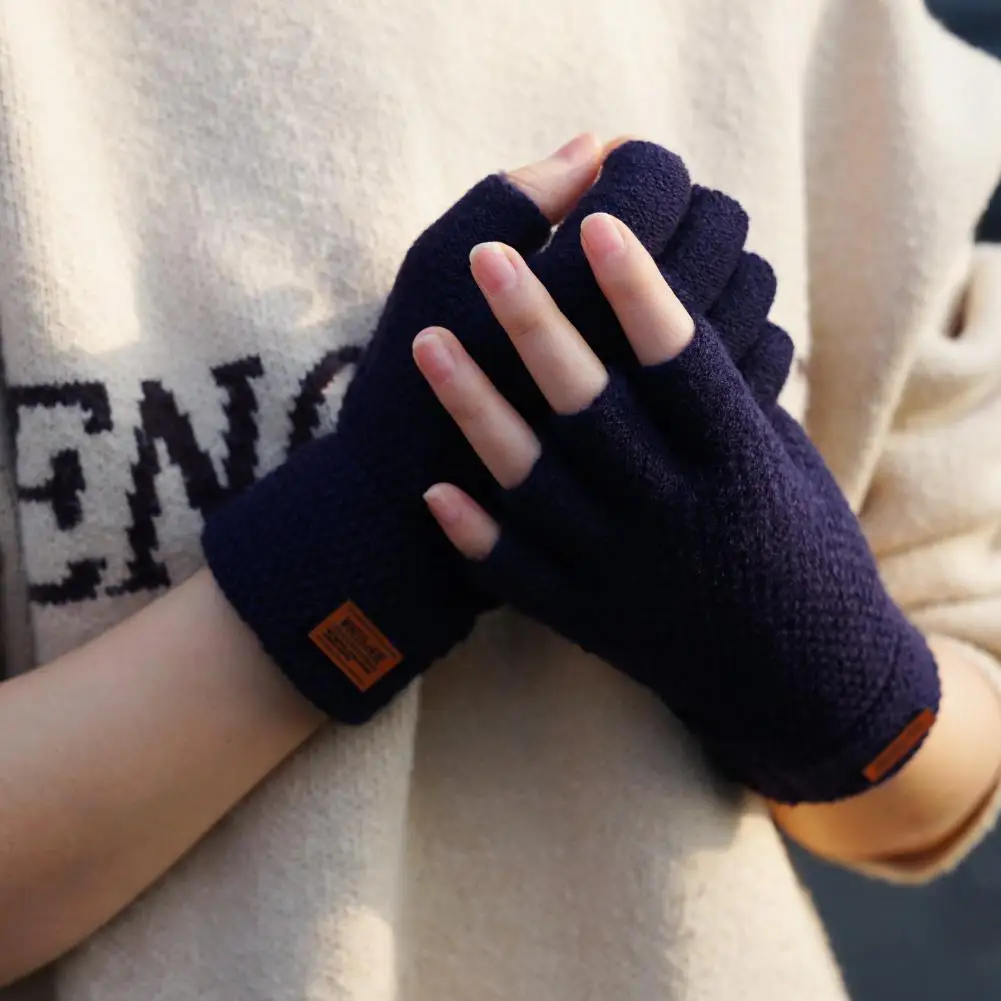 Guantes gruesos sin dedos para hombre, guantes de lana de Alpaca de punto, guantes de conducción de medio dedo, mitones de invierno con etiqueta de