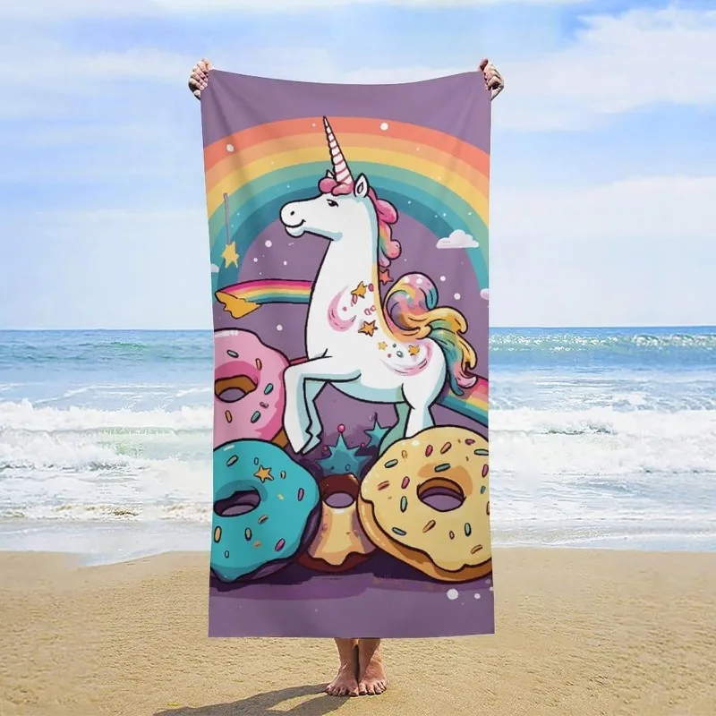 Newest Rainbow Unicorn Colorful Donut Purple Background Microfiber Beach Towel, Quick Dry Cartoon Towel for Swimming Vacation