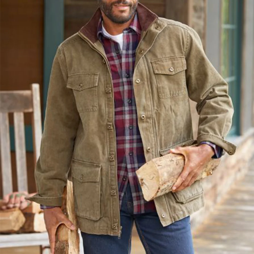 Mens Vintage Multi‑Pocket Cargo Jacket Stand Collar Washed Canvas Military Style Outerwear