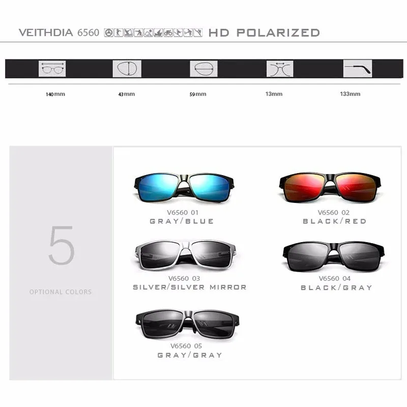 VEITHDIA Brand Men\'s Sunglasses Polarized Mirror UV400 Lens Sports Outdoor Fishing Sun Glasses Aluminum Male Eyewears 6560