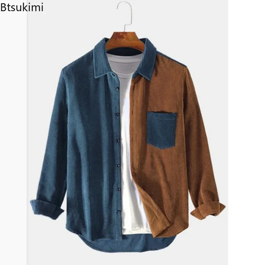 New 2025 Men's Patchwork Corduroy Long Sleeve Shirt Spring Autumn Casual Contrast Color Harajuku Shirt Men Ropa Hombre Camisa