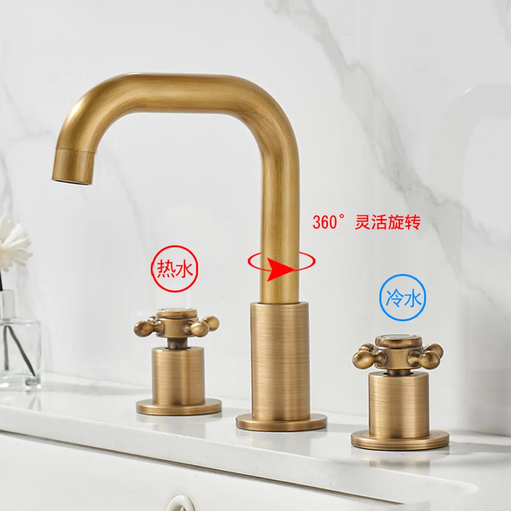 Antique Brushed Bathroom Faucet Total Brass Basin Faucet Widespread Sink Faucets 3 Hole Double Handles Hot And Cold Water Faucet