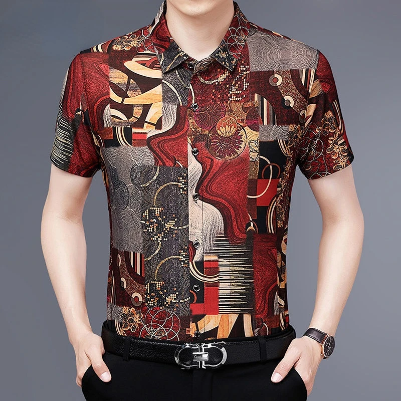 Y2k Vintage Men Summer Short Sleeve Floral Shirt Fashion New Printed Button Lapel Male Clothes Casual Loose Ice Silk Tops 2023