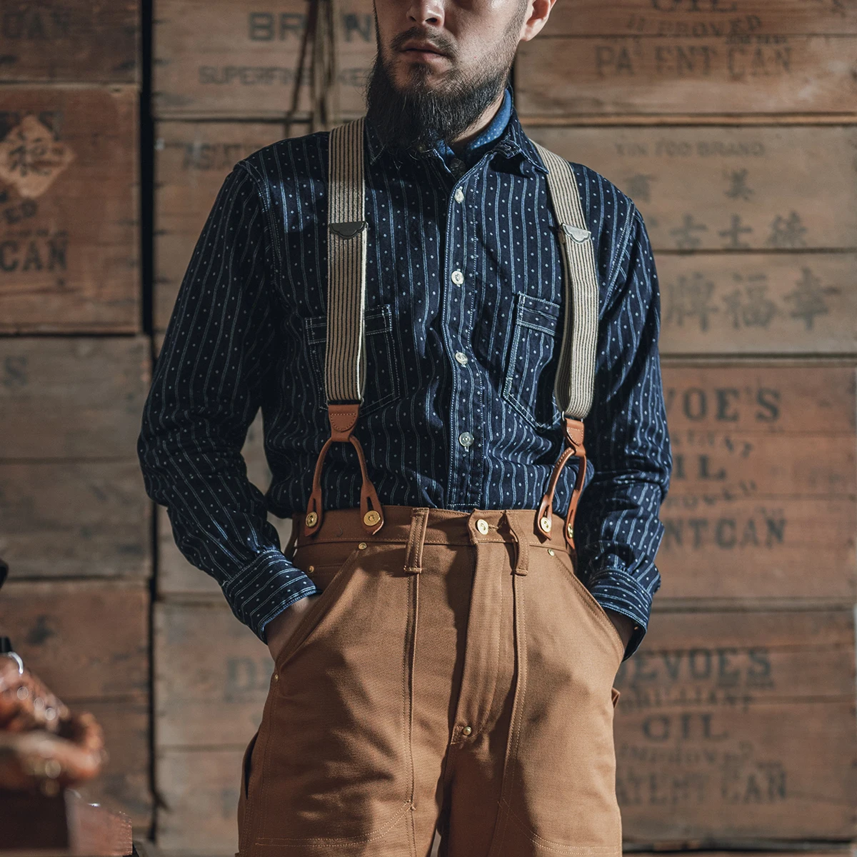 Bronson Wabash Stripe Dot Work Shirt Heritage Style Men Workshirt Selvage Indigo